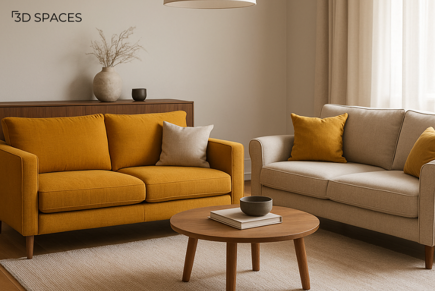 Mustard and beige sofa colour combination in a modern living room with wooden flooring and minimal decor.