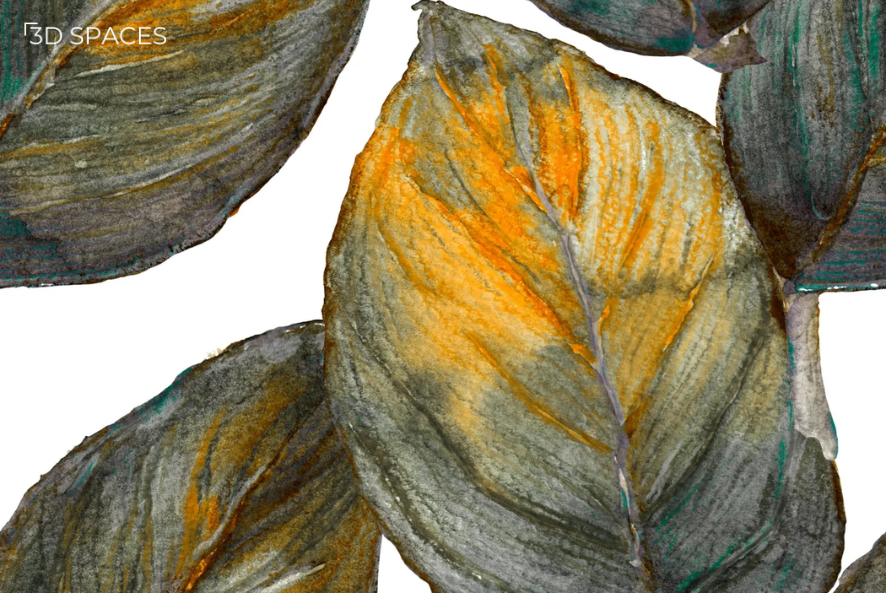 Hand-drawn botanical leaf pattern with orange, gray, and green textured leaves on a white background.