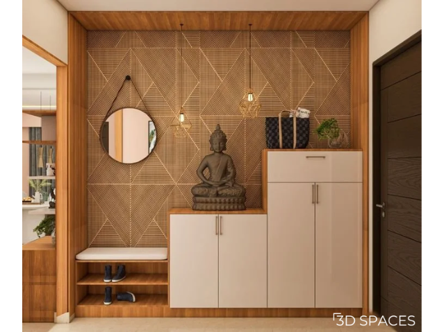 Wooden passage wall design creating a warm and cozy atmosphere with a minimalist and nature-inspired design.