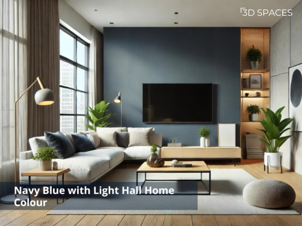 Bold navy blue with light colours in a contemporary hall wall colour combination for a striking living room.