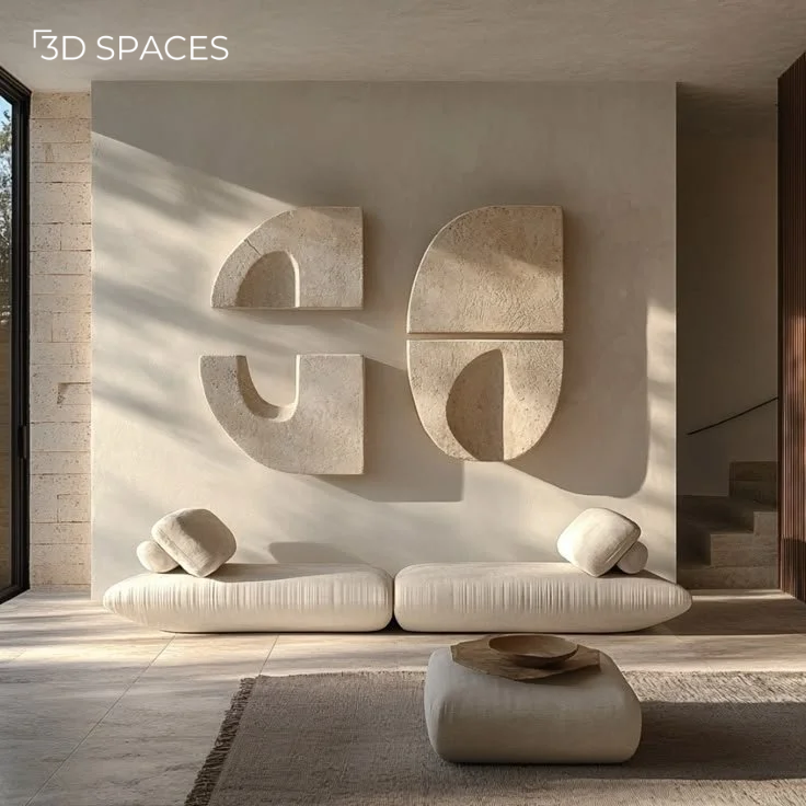 A modern home with textured abstract wall sculptures on a neutral-toned accent wall.