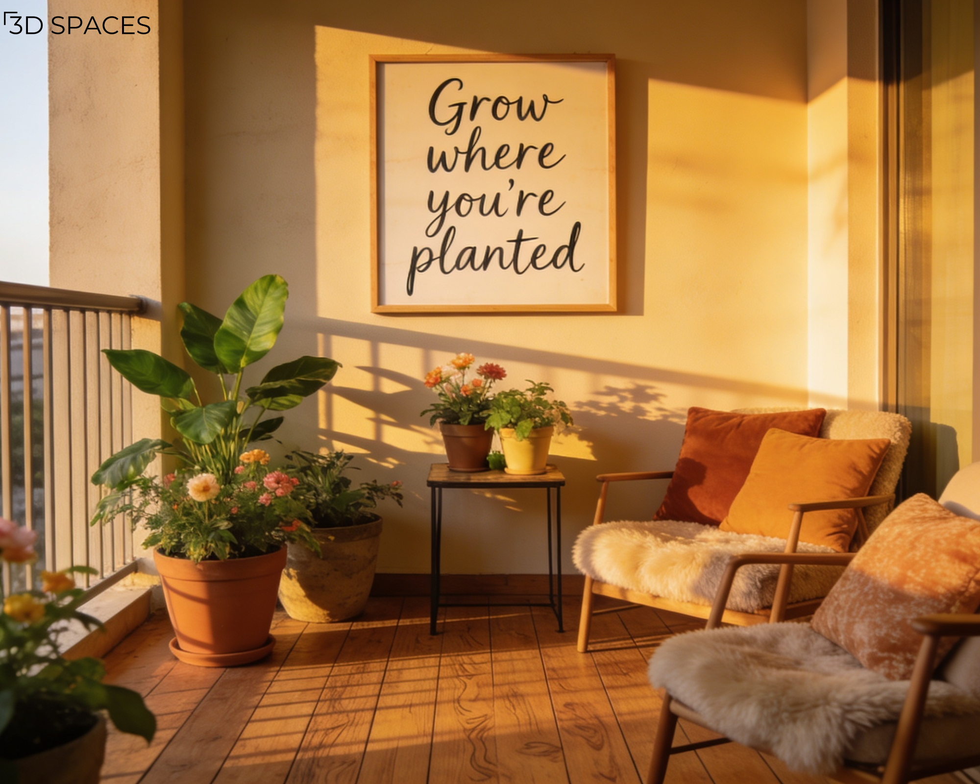 Cozy apartment balcony featuring a wooden framed sign with the quote "Grow where you're planted" on the wall.