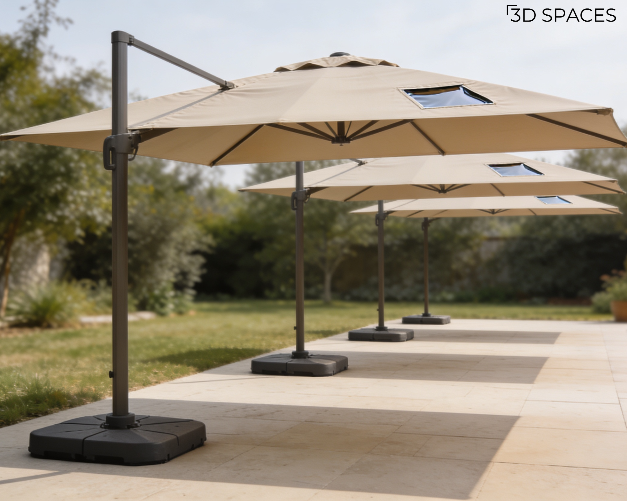 Row of large beige cantilever patio umbrellas providing shade over a stone tile pool deck next to a grassy lawn.