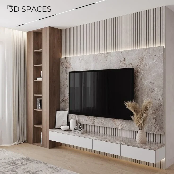 A sleek TV unit with floating shelves and a wooden panel backdrop, enhancing the hall's interior wall design.