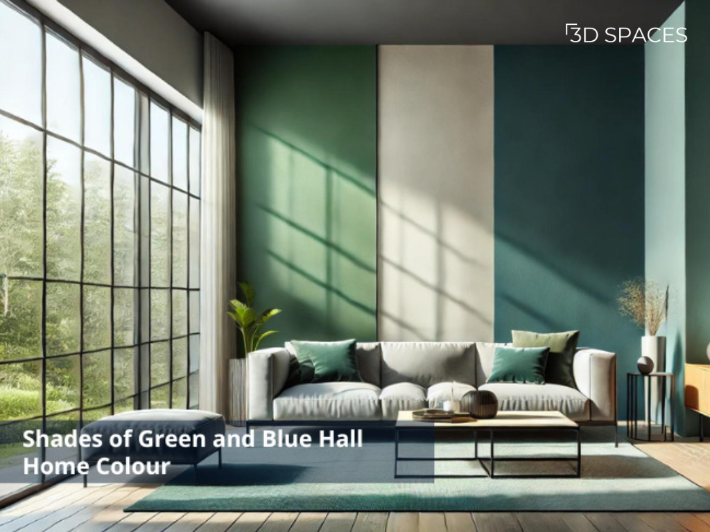 Natural hall wall colour combination with green and blue shades for a peaceful living room atmosphere.