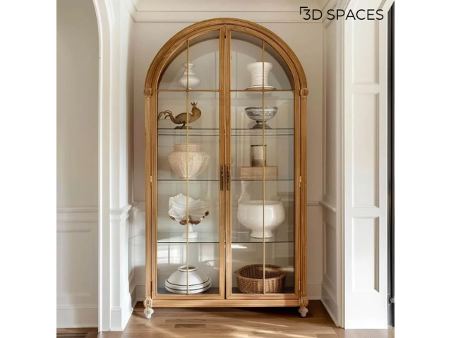 China display in a passage with glass shelving, showcasing decorative pieces and elevating the entryway’s design.