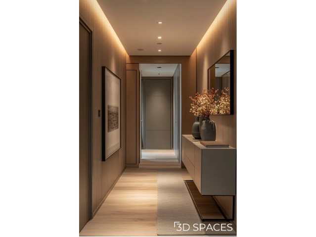 Sleek Scandinavian design in a passageway, incorporating functional storage and subtle lighting for a modern, minimalist feel.