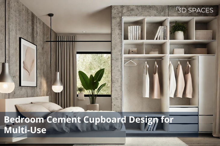 Bedroom cement cupboard design with modern built-in wardrobe, open shelves, hanging space, and drawers for stylish multi-use storage in Indian homes.