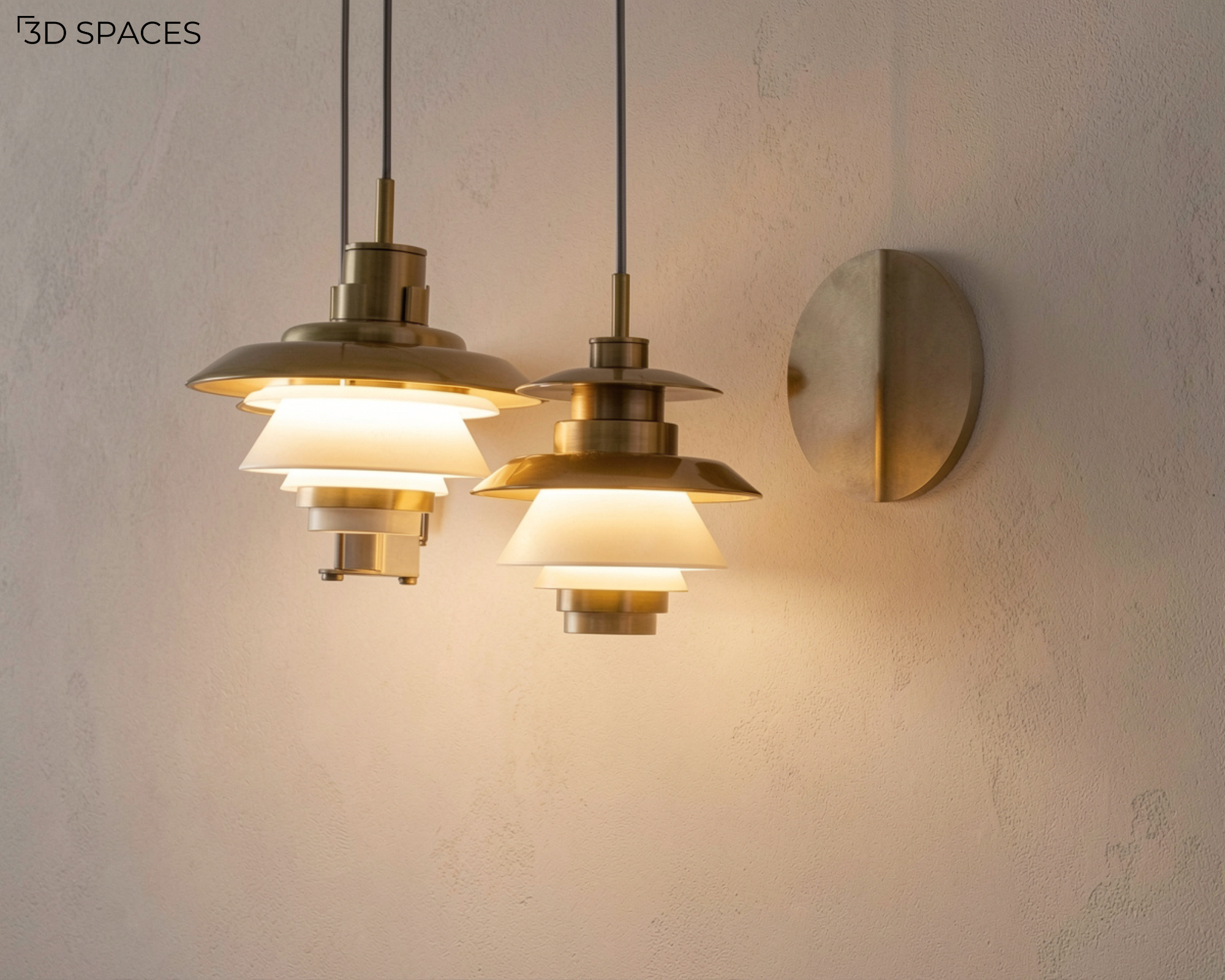 Modern gold hanging wall sconces with tiered glass shades casting a warm glow against a textured plaster wall.