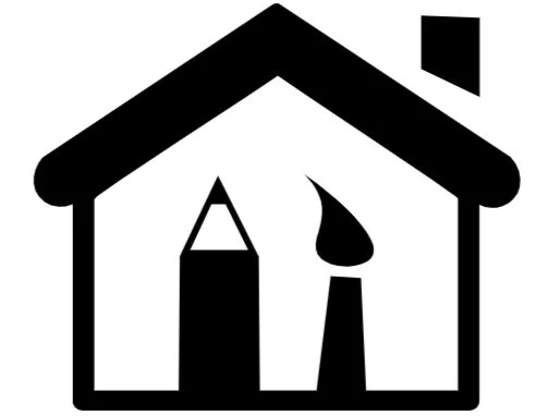 Black and white icon of a house with a pencil and a paintbrush inside.