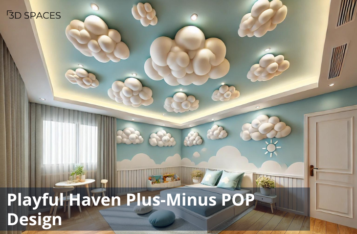 Image of a Playful Haven plus minus POP ceiling design with colorful star, circle, and playful geometric shapes, adding energy to the space.