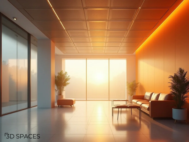 Modern grid false ceiling design for lobby with LED lighting, warm interiors, and stylish waiting area.