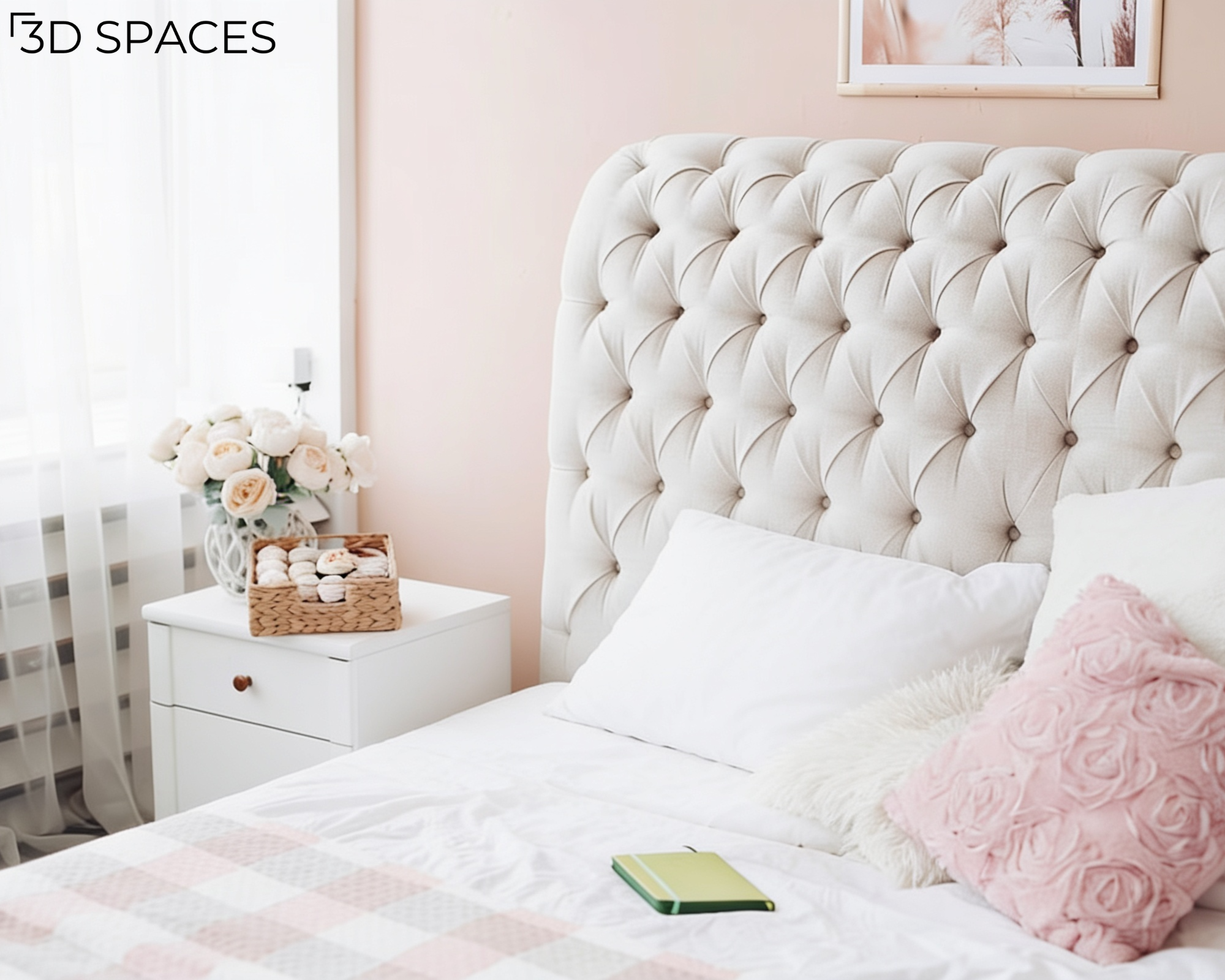 Modern pastel pink bedroom featuring a tufted fabric headboard, cozy white bedding, blush accent cushions, and minimalist bedside décor.