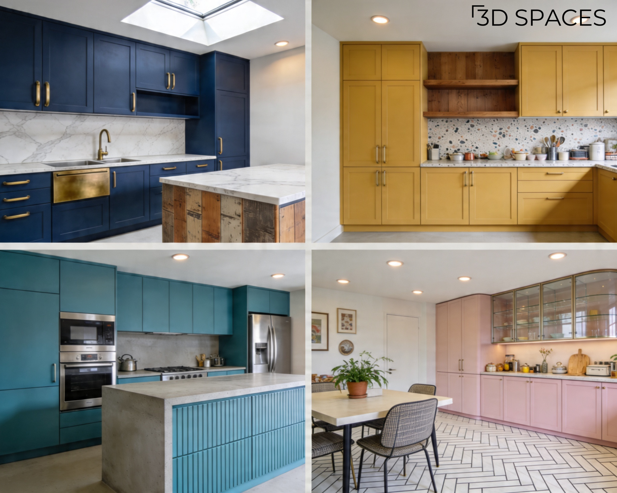 Collage of four modern kitchen design trends featuring bold blue, mustard yellow, teal, and soft pink cabinetry.
