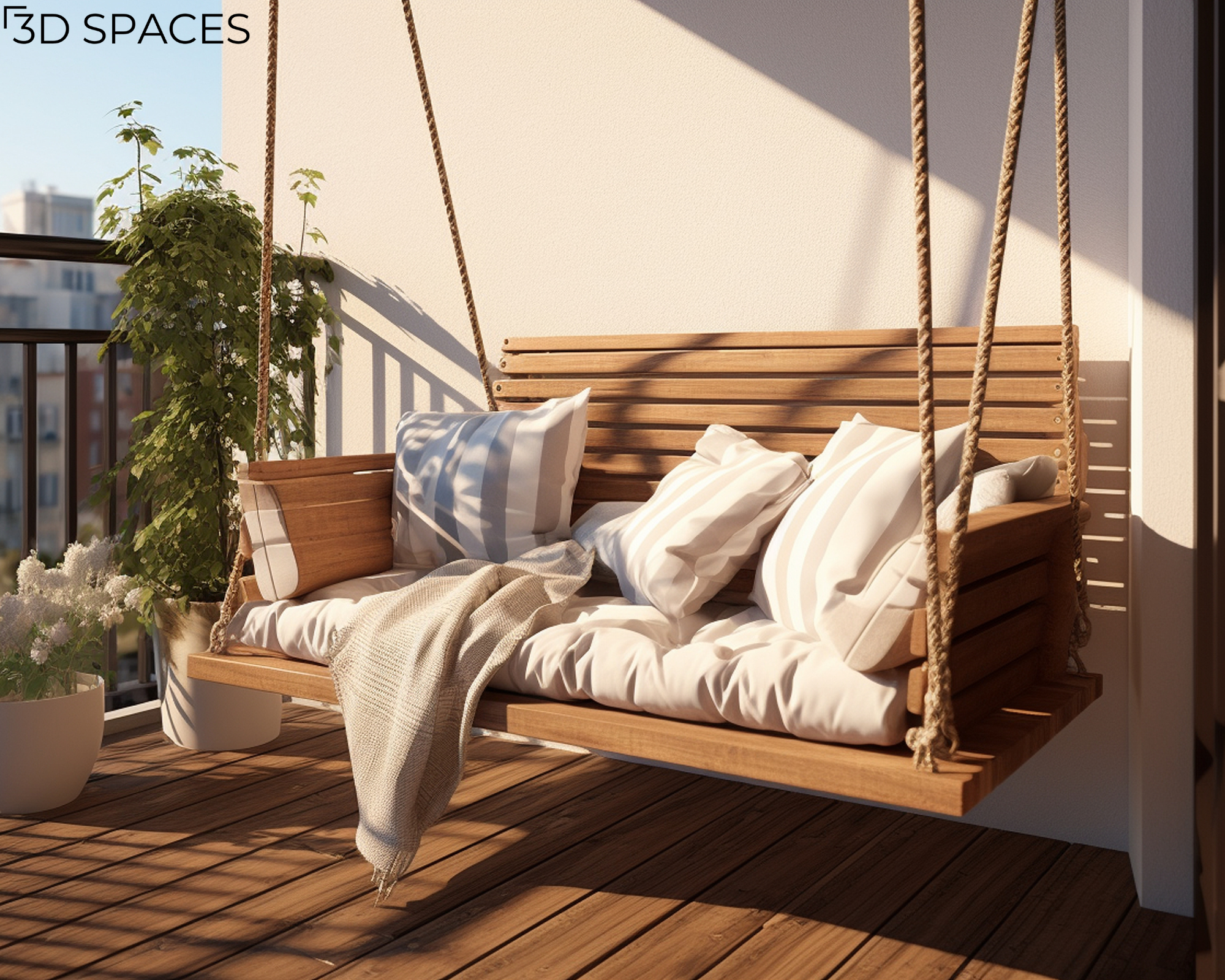 Wooden balcony swing with plush cushions for a cozy apartment balcony seating design and modern outdoor living space.