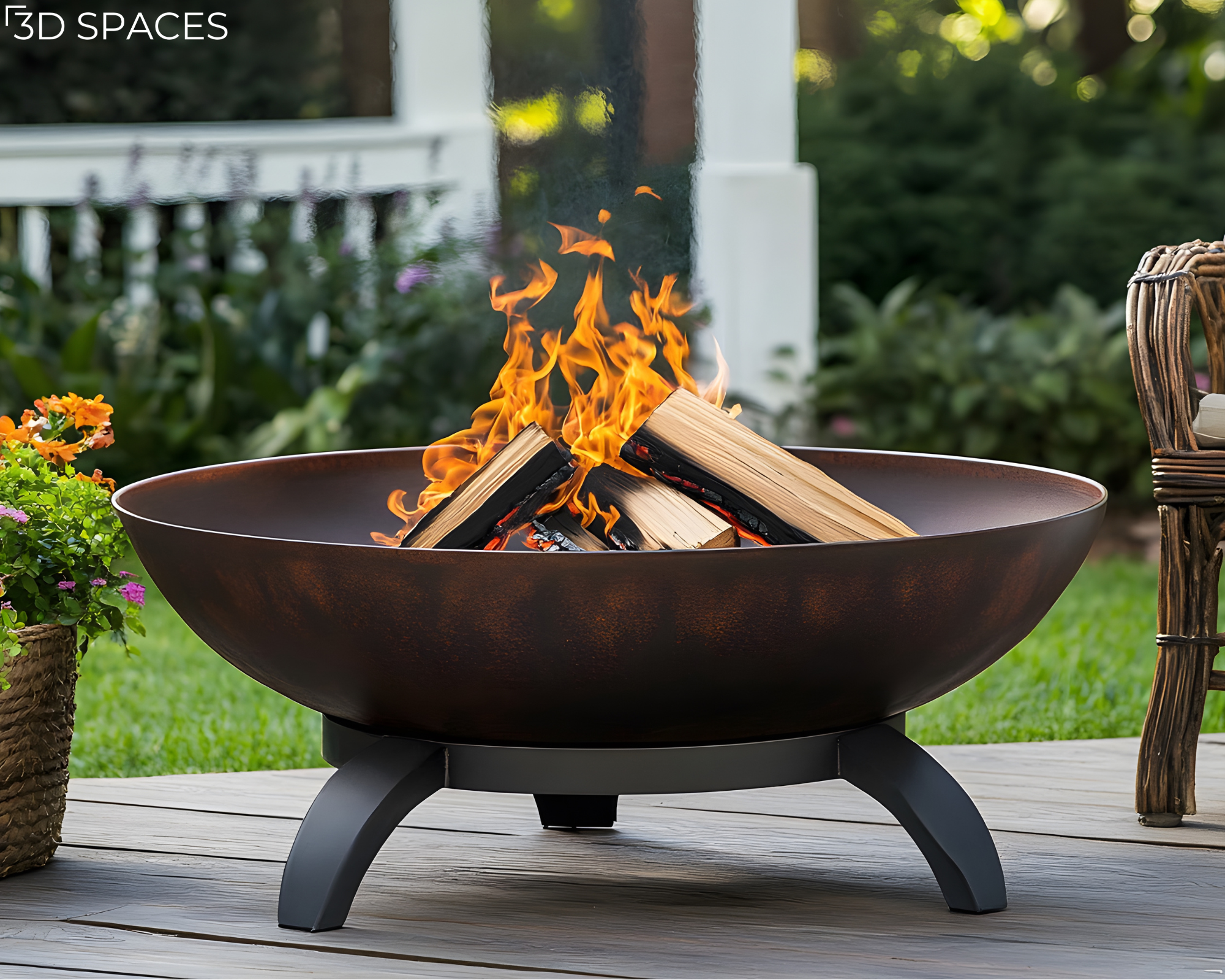 Portable copper bowl fire pit with burning wood logs on a wooden patio deck next to wicker outdoor seating.