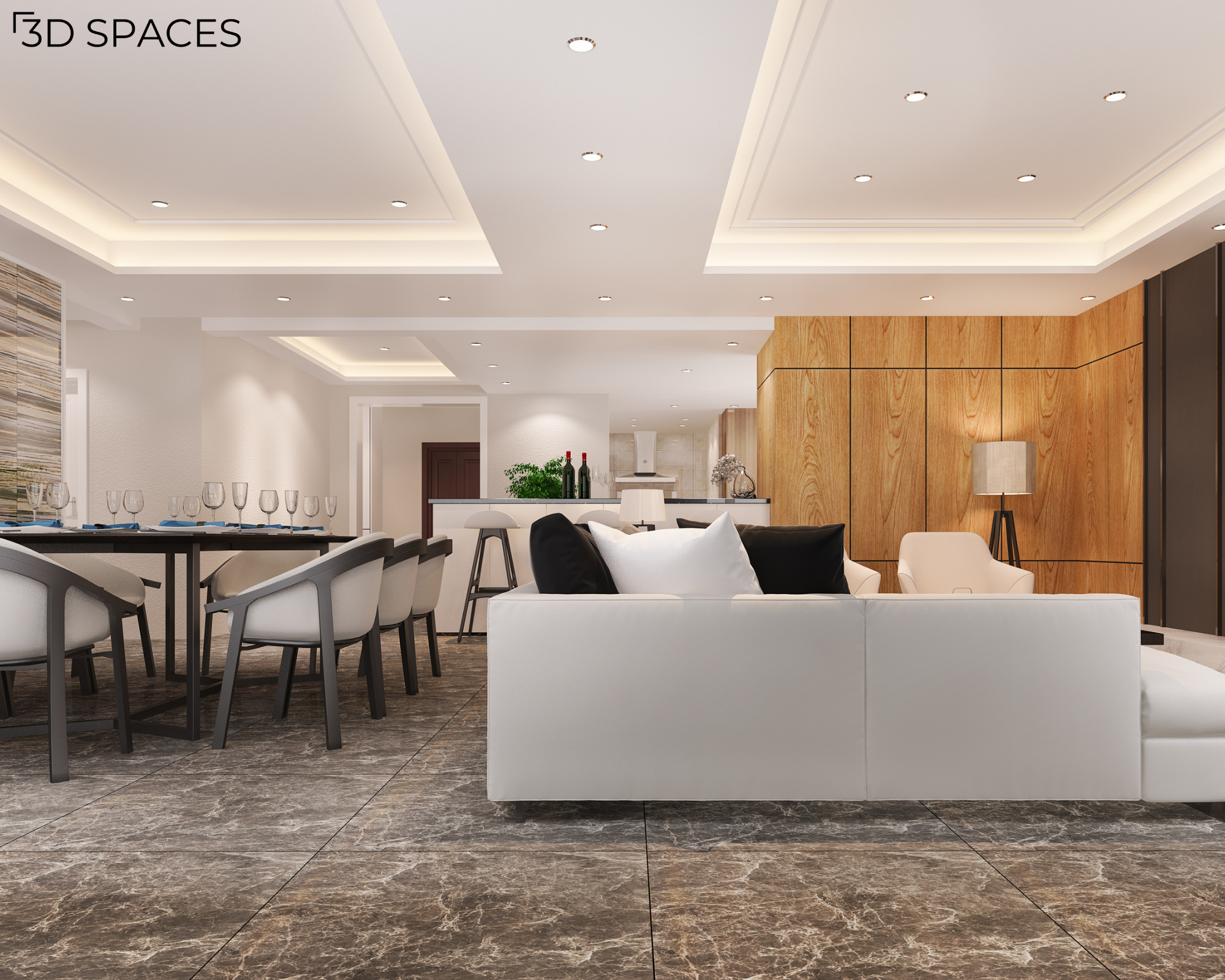 Luxury open-concept living space featuring a modern tray ceiling design with recessed spotlighting and warm hidden LED strip lighting