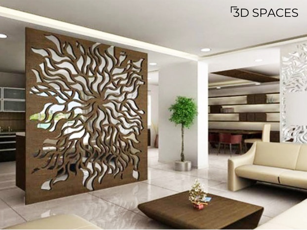 Modern wooden partition design for living room with decorative laser-cut panel, open-plan interior, and contemporary home décor.