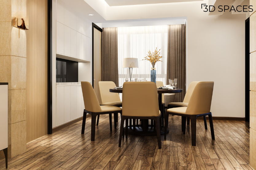 Modern luxury dining room with a round wooden table, beige leather upholstered chairs, dark wood flooring, and neutral drapes next to a large window.