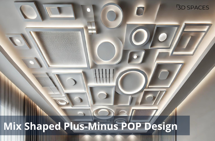 Image of a Mixing Shapes plus minus POP ceiling design featuring a blend of geometric shapes like circles, squares, and rectangles.