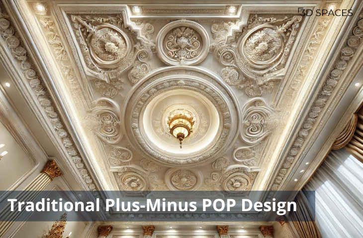 Image of a Traditional plus minus POP design featuring intricate floral and geometric patterns, ideal for classic interiors.