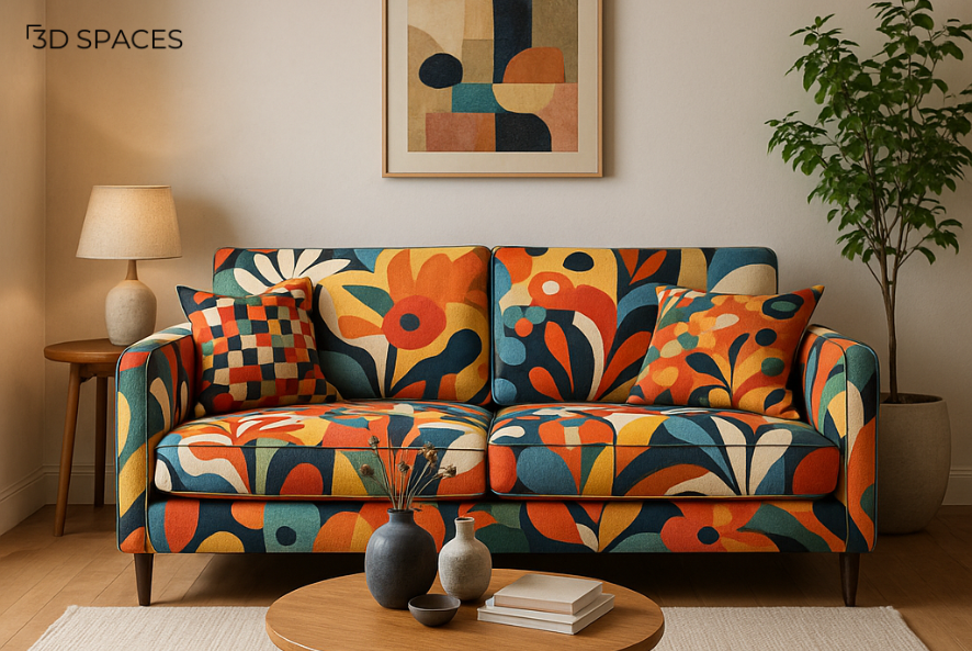 Multi-colour floral artistic sofa with bold prints in a warm and creative living room setup.
