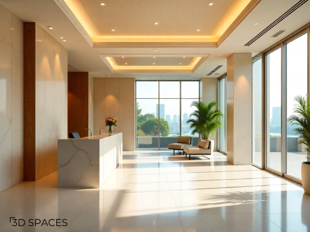 Modern POP false ceiling design for a stylish lobby with LED lighting, marble flooring, and luxury interiors.