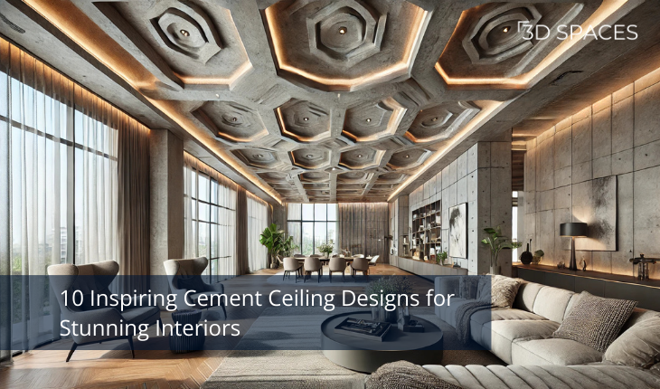 Modern cement ceiling design with geometric false ceiling patterns, recessed LED lighting, and luxury living room interiors for contemporary homes.