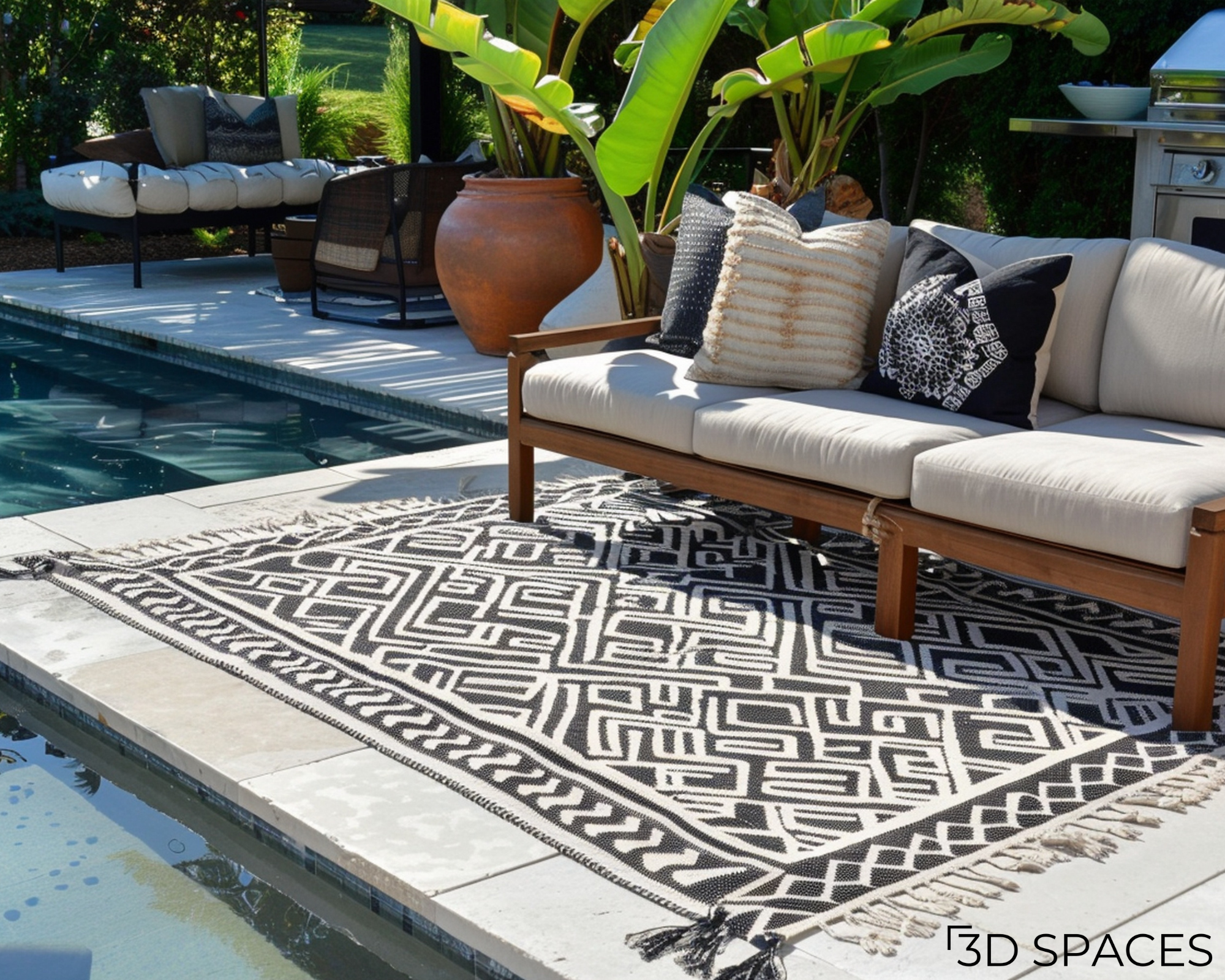 Luxury outdoor living space with a patterned outdoor rug, wooden patio furniture, poolside seating, tropical landscaping, and modern backyard design.