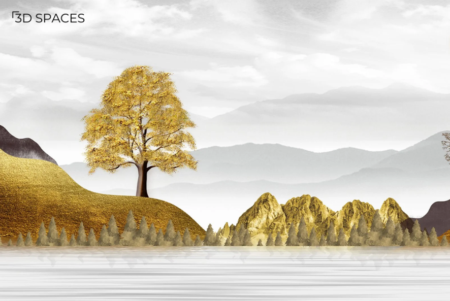 Scenic landscape with golden hills, mountains, trees, calm water, and a warm sunset in a minimalist artistic style.