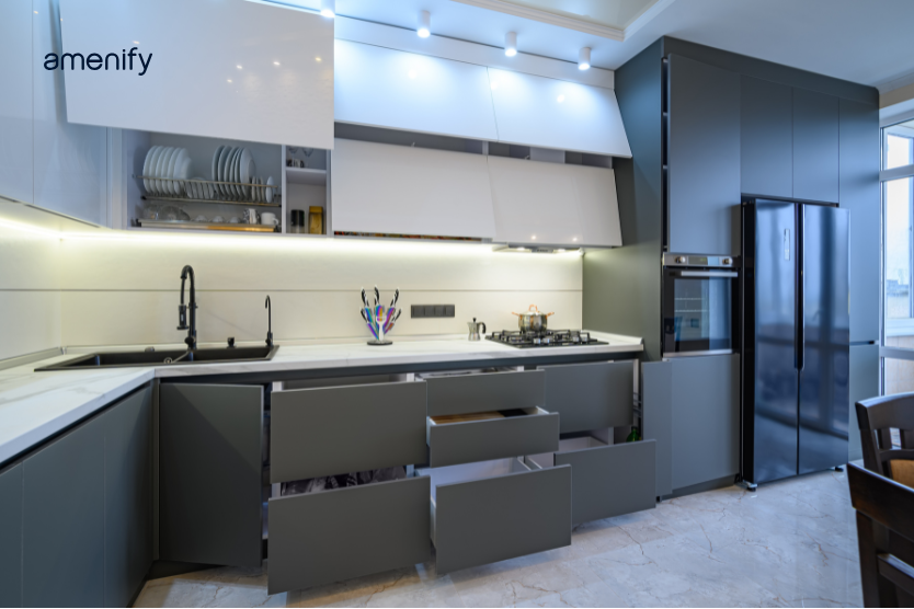 durable aluminum kitchen cabinet design with a sleek metallic finish