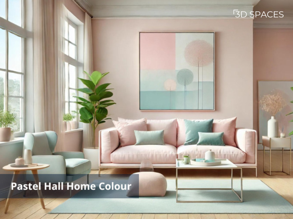 Pastel shades as a soft, trendy hall colour combination for a modern living room.