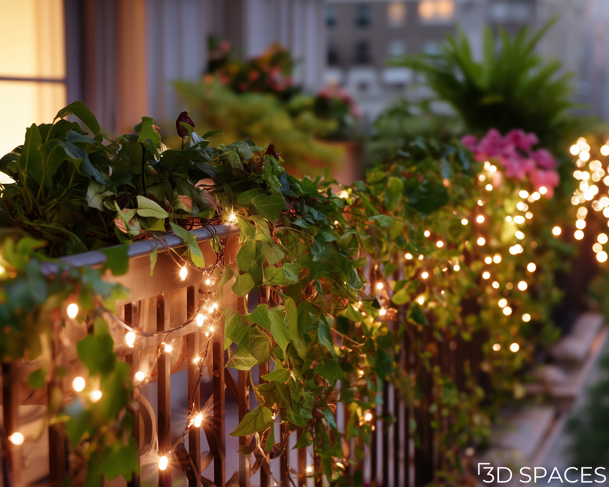 Outdoor balcony with string fairy lights, trailing plants, and decorative greenery creating a warm and inviting evening atmosphere.