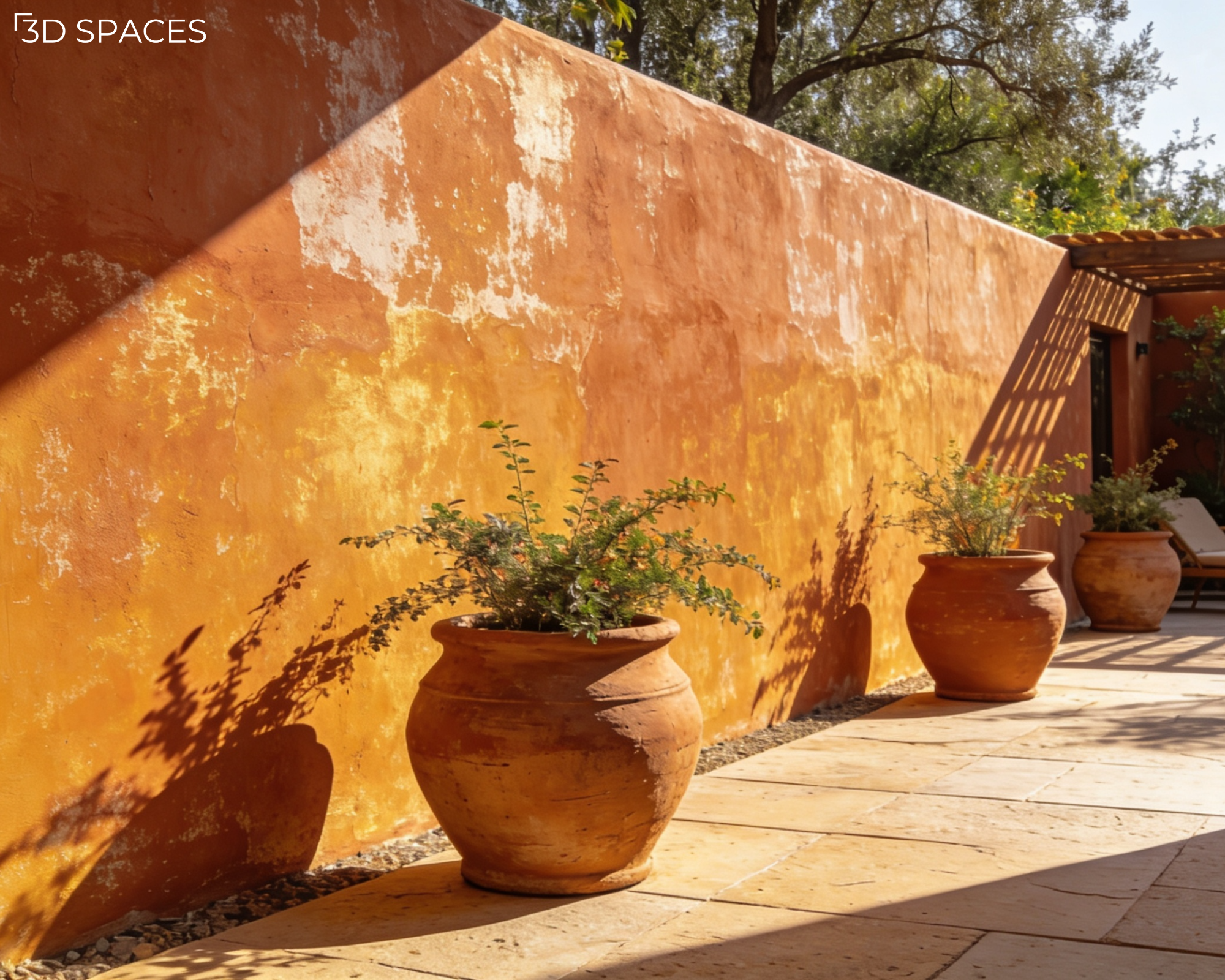 Textured terracotta outdoor feature wall along a stone patio courtyard decorated with large clay planter pots.
