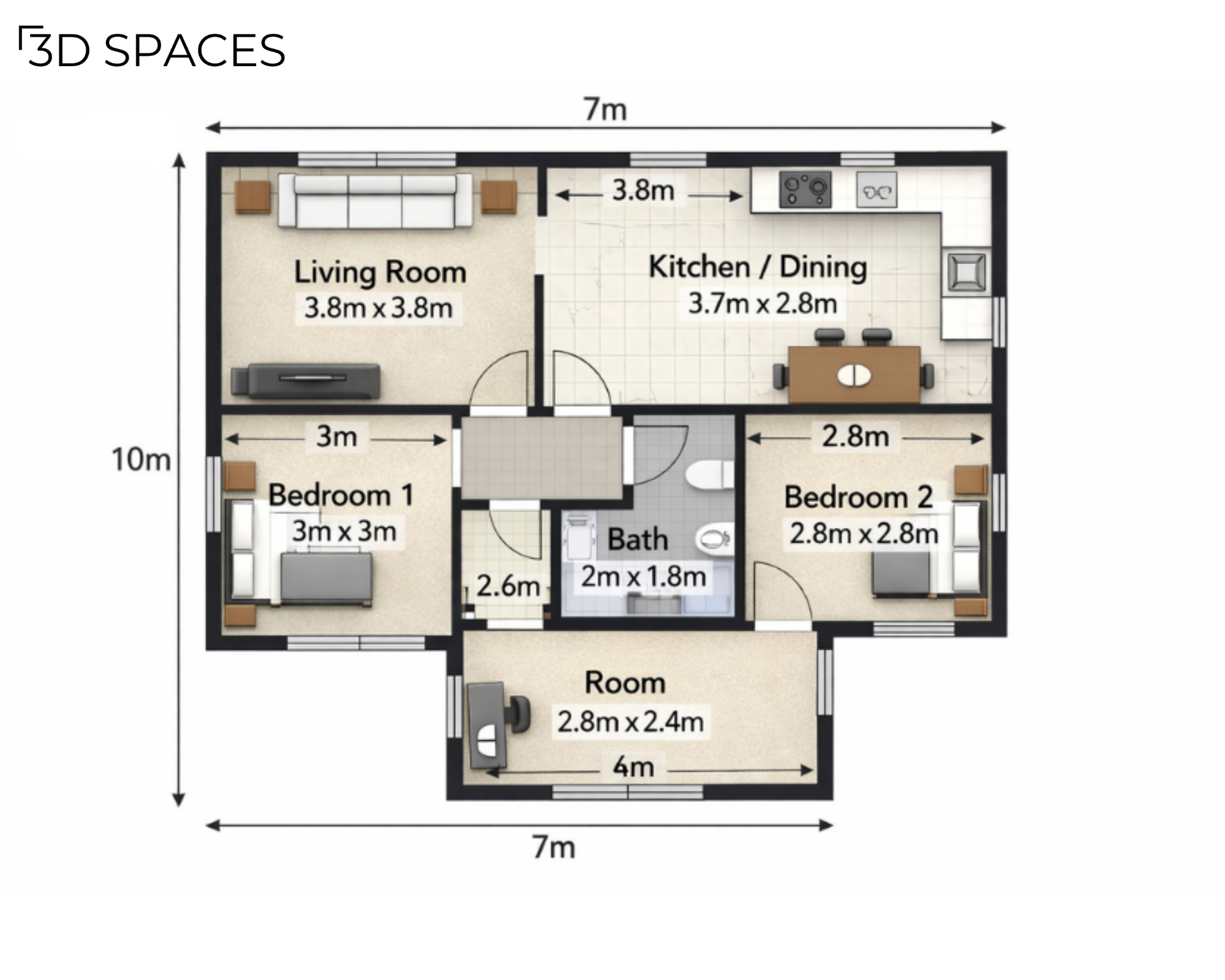 3BHK house plan blueprint showing a detailed open kitchen and dining area layout with dimensions.