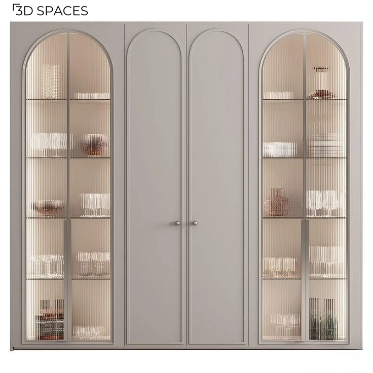 A stylish, floor-to-ceiling storage unit with glass-paneled doors and soft interior lighting.
