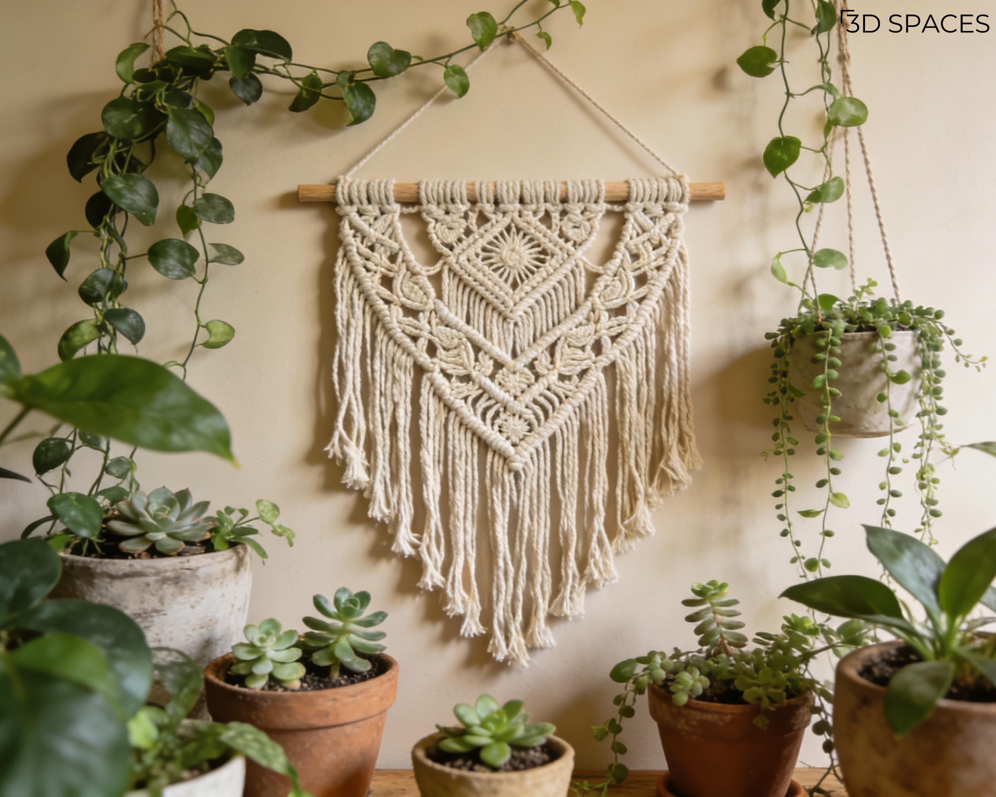 Cream-colored woven macrame wall tapestry framed by a variety of trailing houseplants and succulents in clay pots.