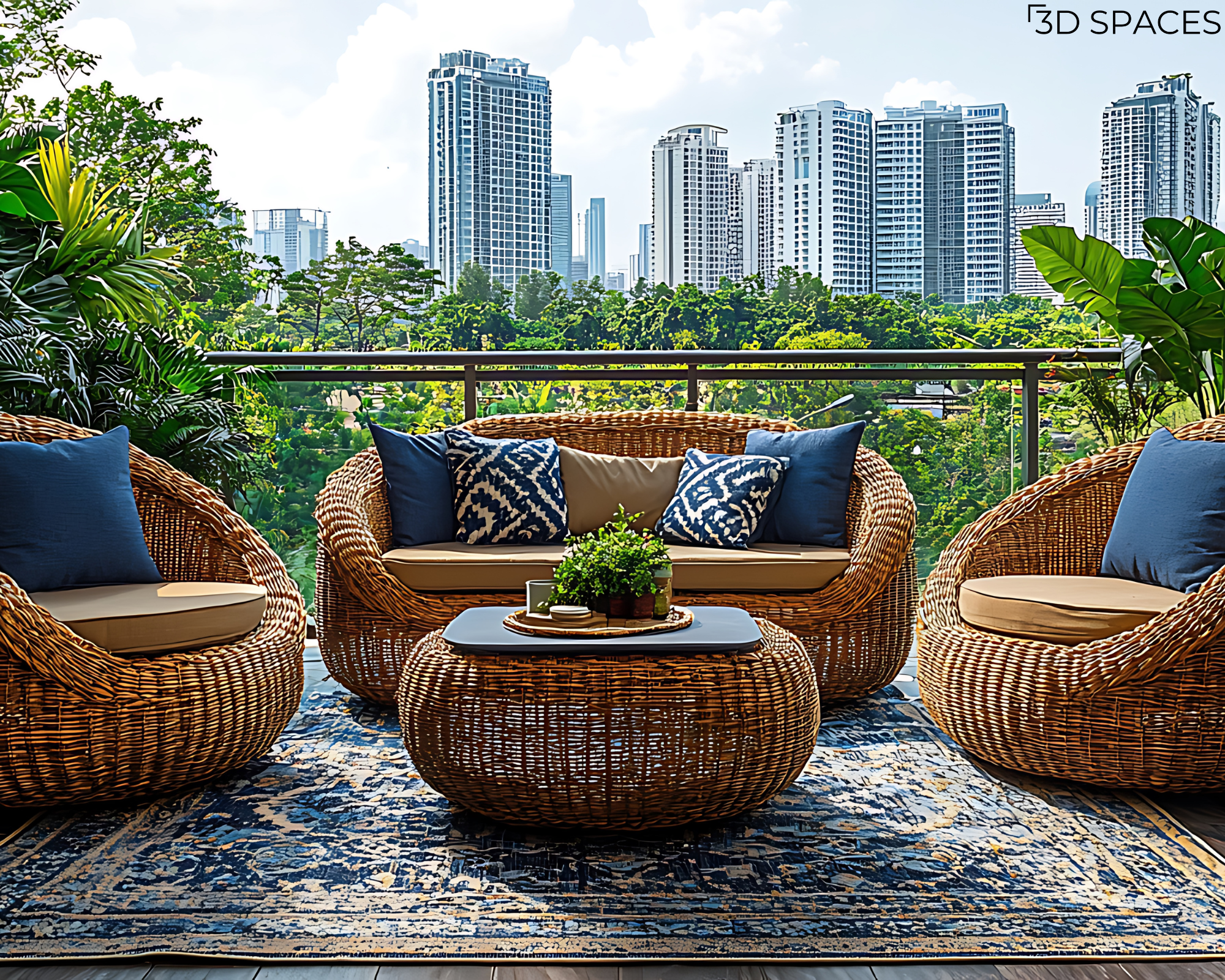 Modern rattan balcony furniture set with blue cushions on a patterned rug overlooking a city skyline.