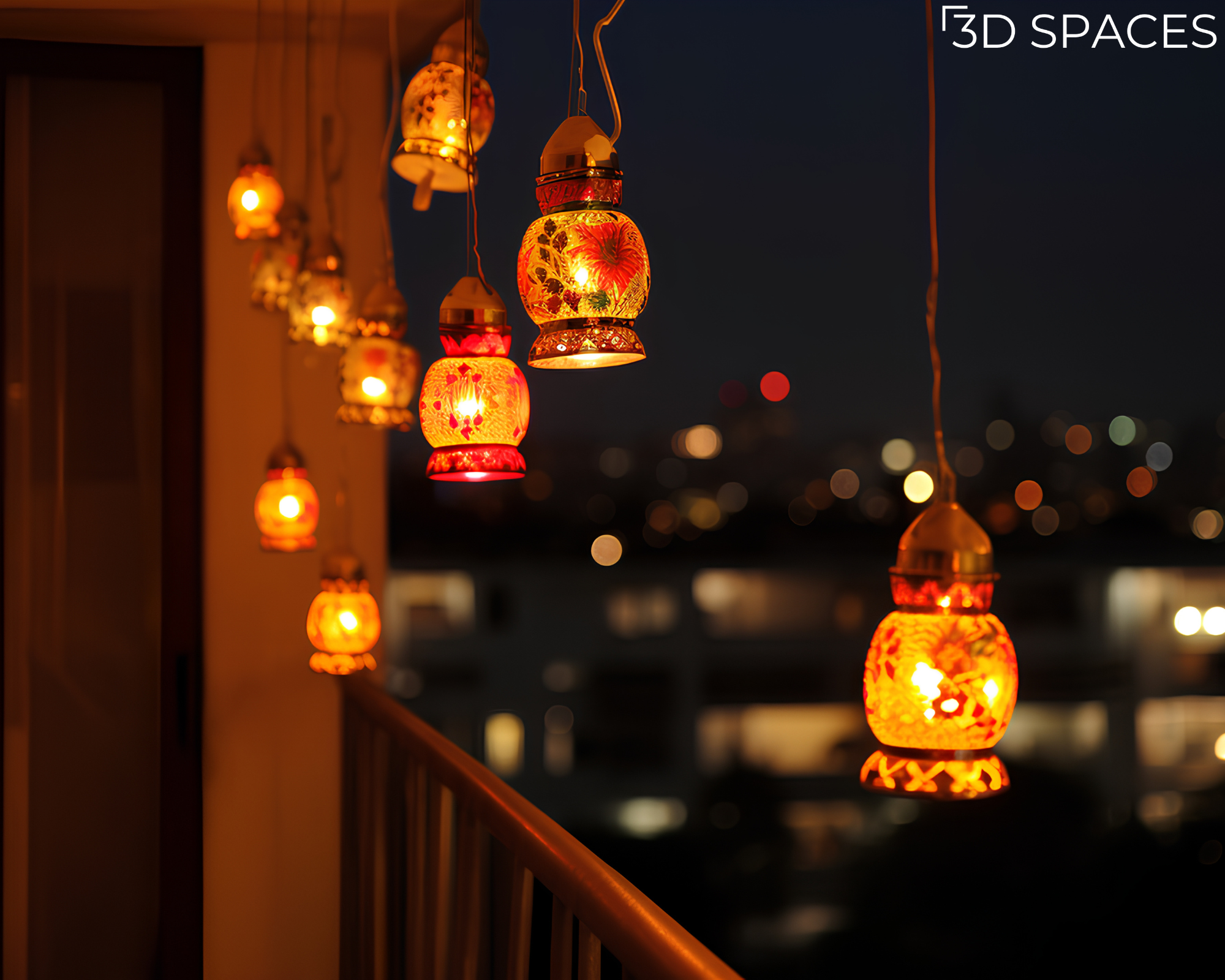 Warm decorative hanging lanterns illuminate a modern apartment balcony at night, creating a cozy outdoor ambiance with blurred city lights in the background.