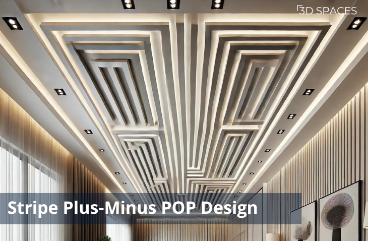 Image of a Stripes plus minus POP design ceiling with alternating raised and recessed horizontal lines, creating a clean, modern look.