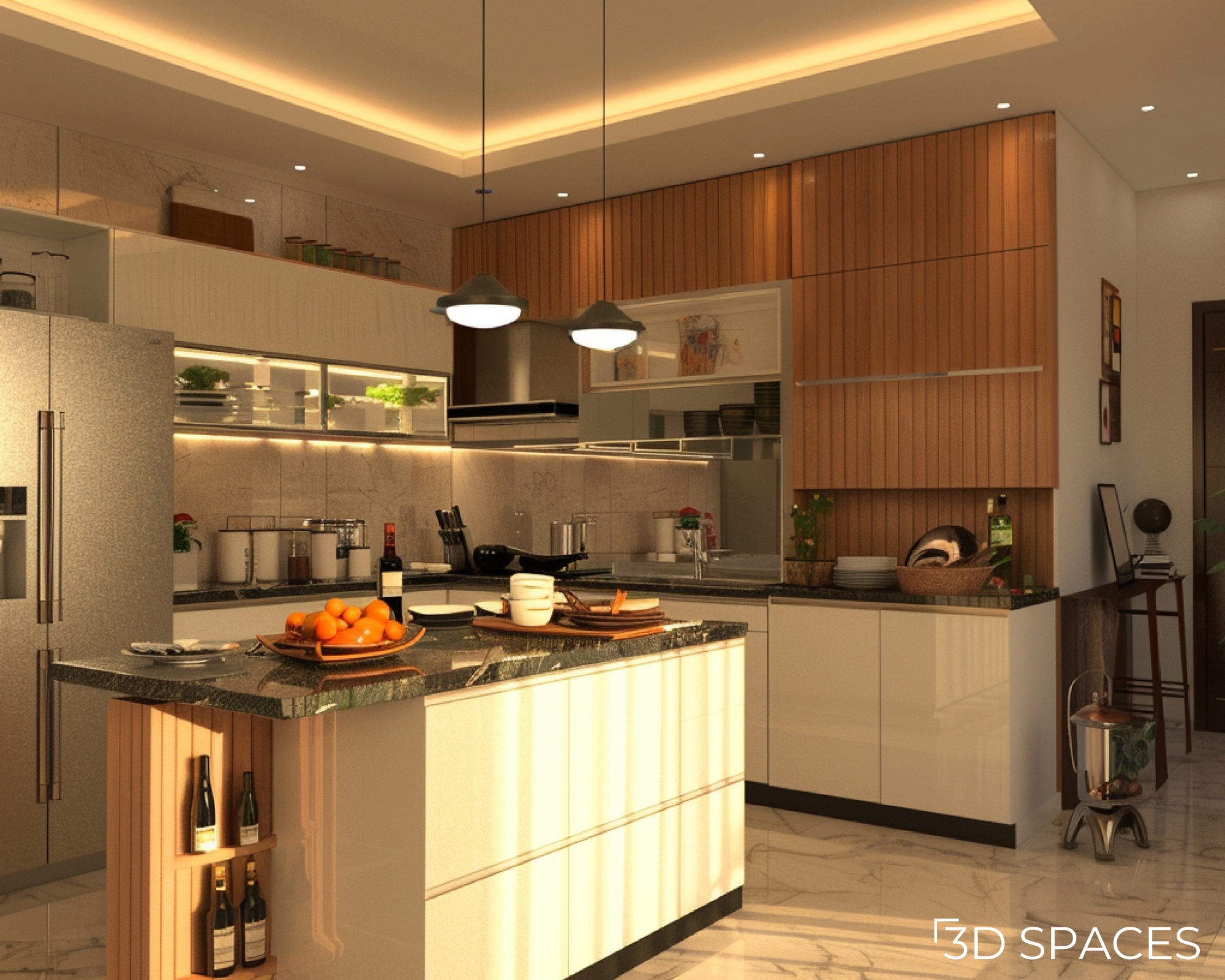 Modern modular kitchen design with a white island, granite countertops, warm false ceiling lighting, and wood paneling.