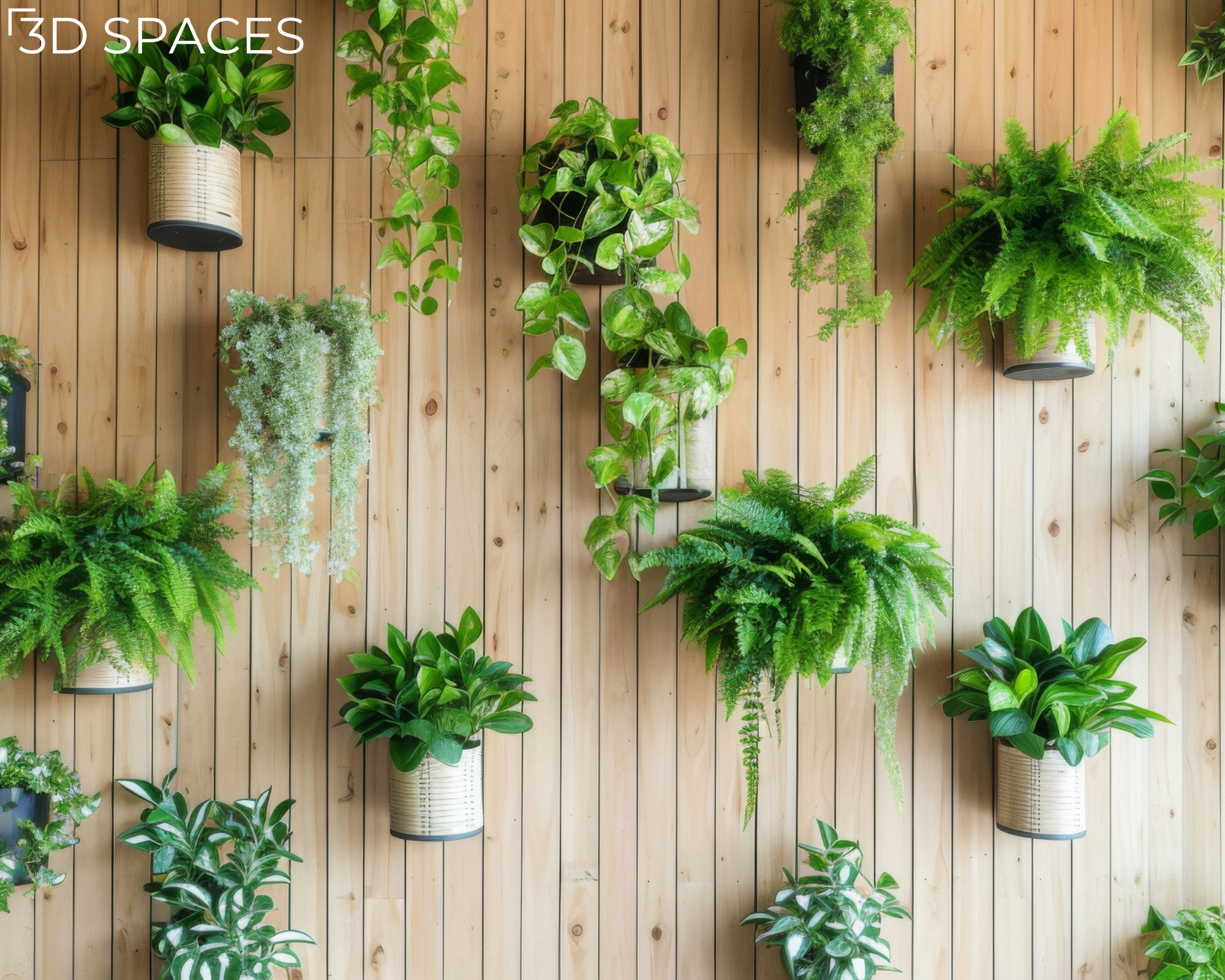 Vertical indoor garden featuring various green hanging wall planters on a light wood panel accent wall.
