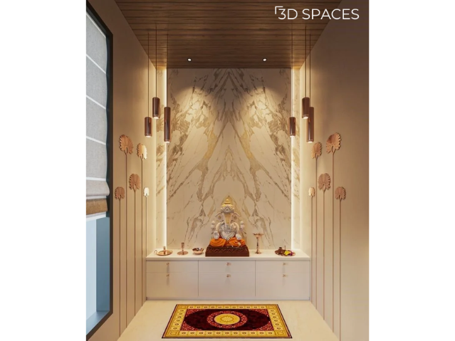 A marble pooja room enhanced with LED backlighting and warm illumination for a serene ambiance.