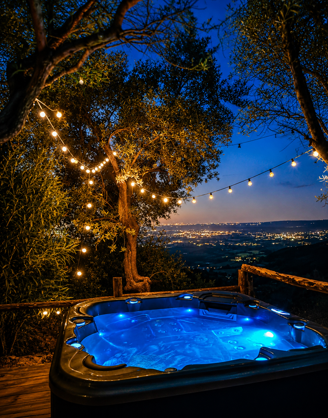 Massage training Italy venue hot tub at night with lights