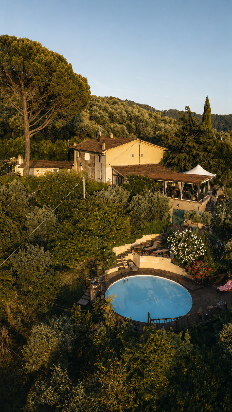 Aerial view of a hillside house with a swimming pool, surrounded by dense greenery and trees, under a clear sky.