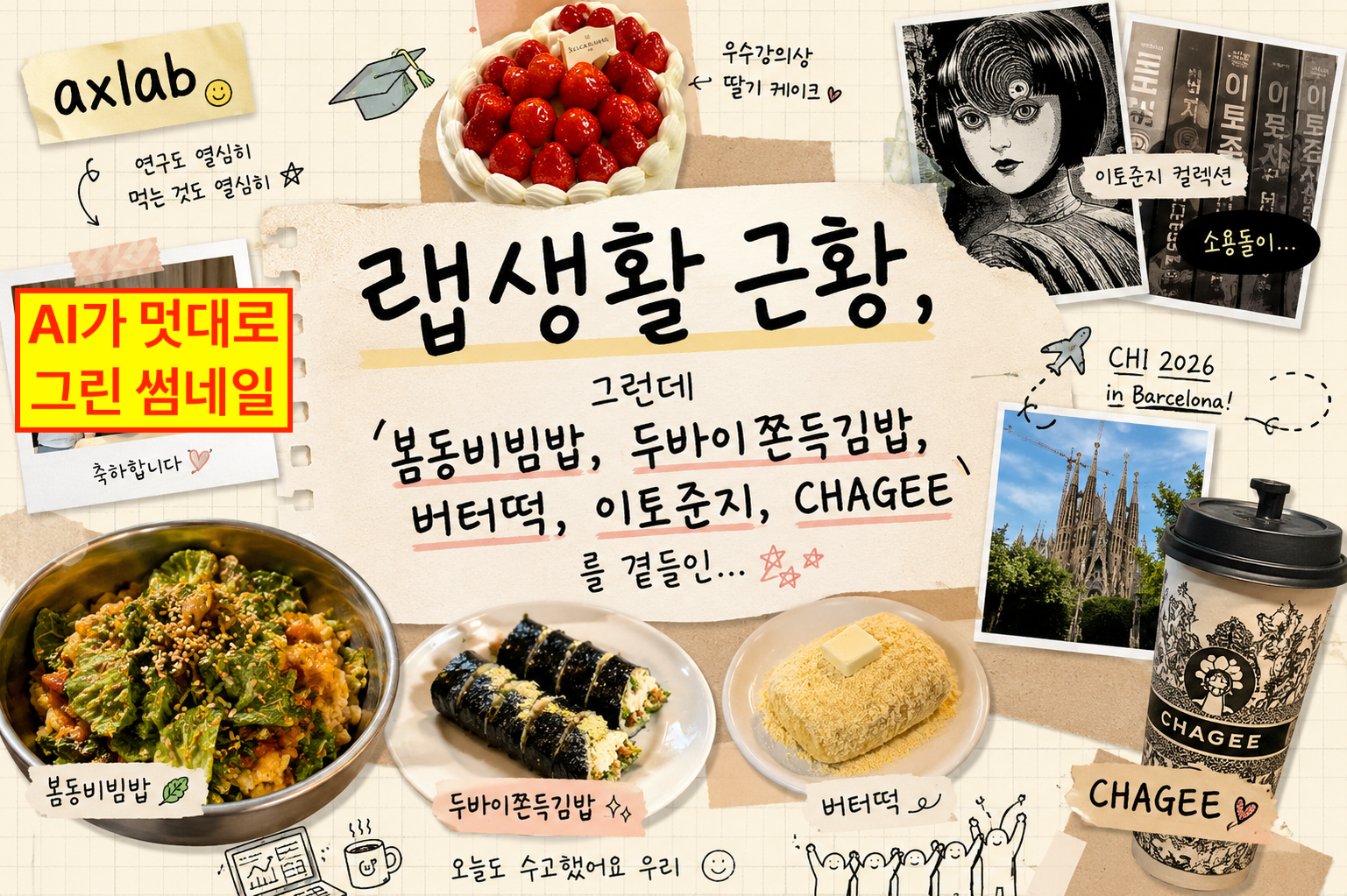 랩생활 근황, 그런데 “봄동비빔밥, 두바이쫀득김밥, 버터떡, 이토준지, CHAGEE”를 곁들인…
