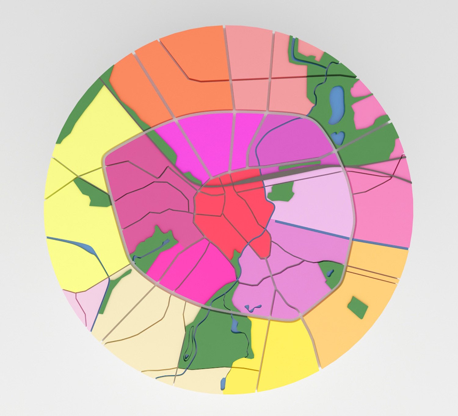 Plattegrond van Eindhoven, waarbij verschillende kleuren de wijken, de parken, de wegen, het spoor en het water aangegeven. De wegen liggen verdiept, het groen verhoogd.