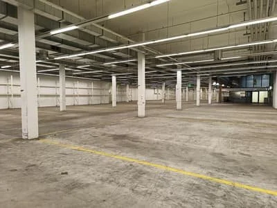 Leerer, offener Parkplatz oder Lagerhalle mit weißen Säulen und Deckenbeleuchtung.