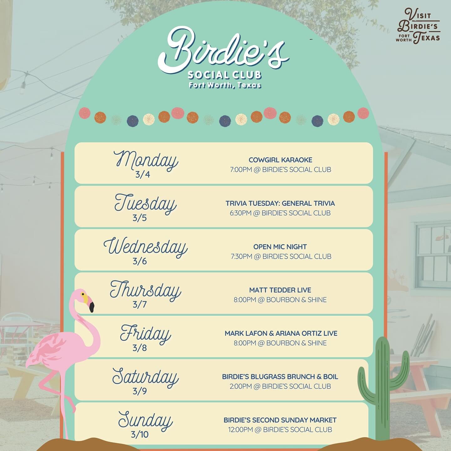 HAPPENINGS IN FORT WORTH // THIS WEEK AT BIRDIE&rsquo;S 🦩✨

Grab your crew and celebrate patio szn with us! You&rsquo;re guaranteed a good time no matter what day it is! Check out the link in bio for more info on each event🤠

We&rsquo;ll see ya soo