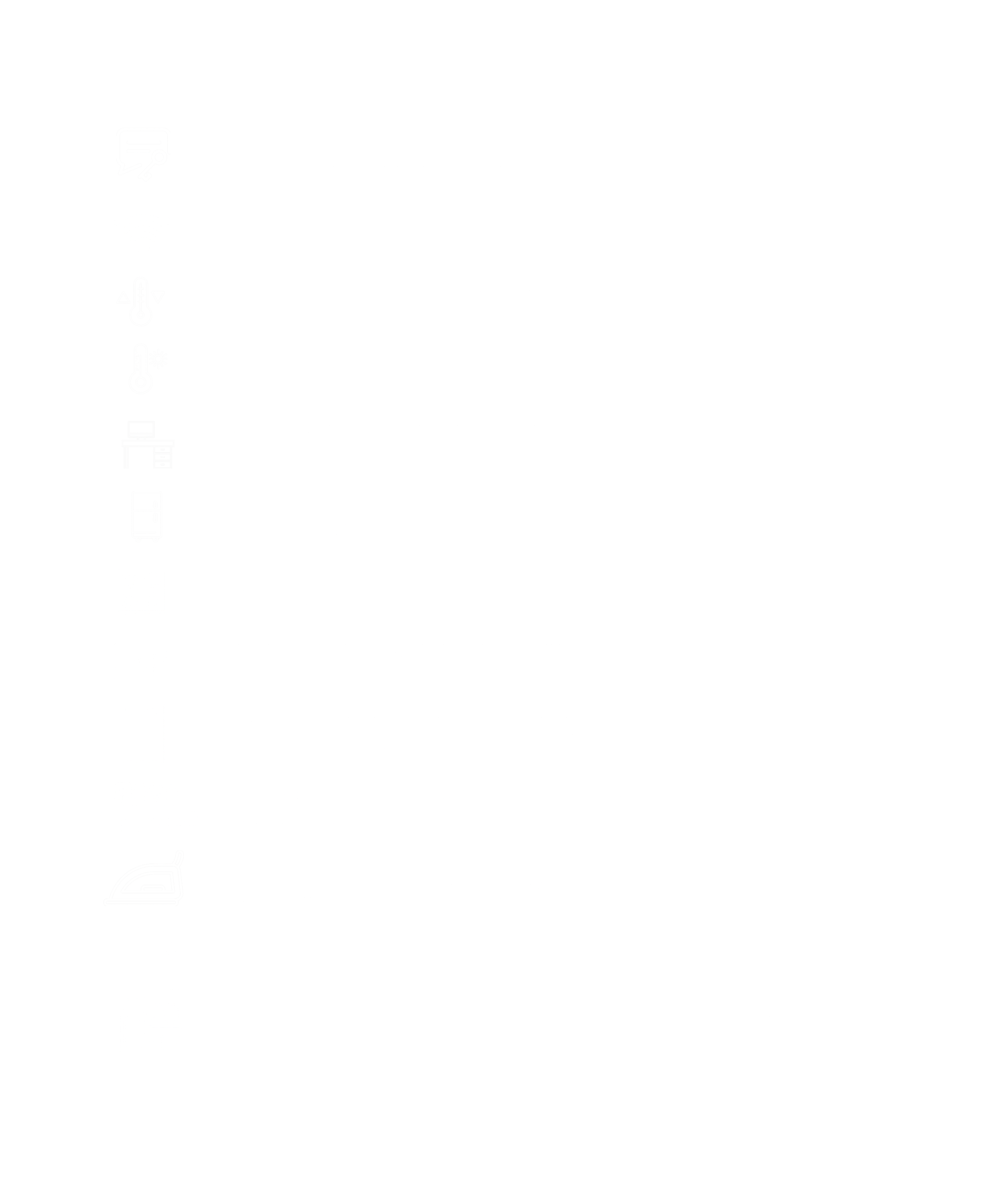 Ein schwarzes Schild mit weißen Symbolen und Text, das verschiedene Haushalts- und Büromittel beschreibt, einschließlich Schlüssel, WLAN, Heizungs- und Kühlsysteme, Arbeitsbereich, Kühlschrank, Herd, Mikrowelle, Geschirrspüler, Kochutensilien, Dampfebene, Haartrockner und Toiletten.